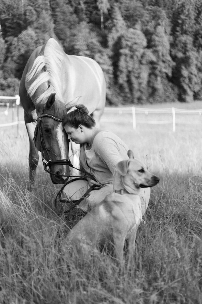Schwangerschaft, Babybauchshooting mit Pferd und Hund auf der Koppel