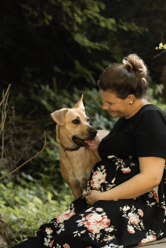 Schwangerschaft, Fotoshooting im Wald mit einem Hund